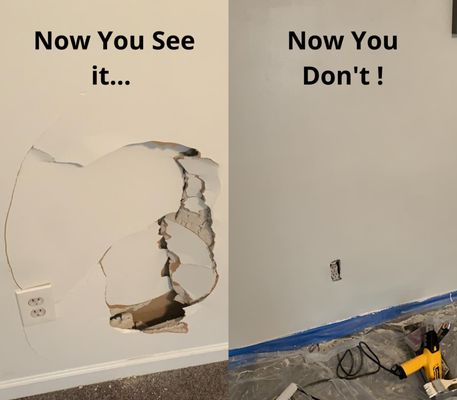 Done Right Drywall — Now-you-see-it / now-you-don't branded before/after card, large hole in painted wall repaired seamless